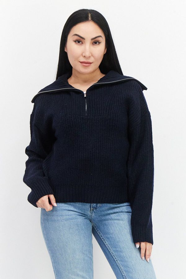 French Connection-Women Spread Collar Knitted Sweater, Navy Blue 1