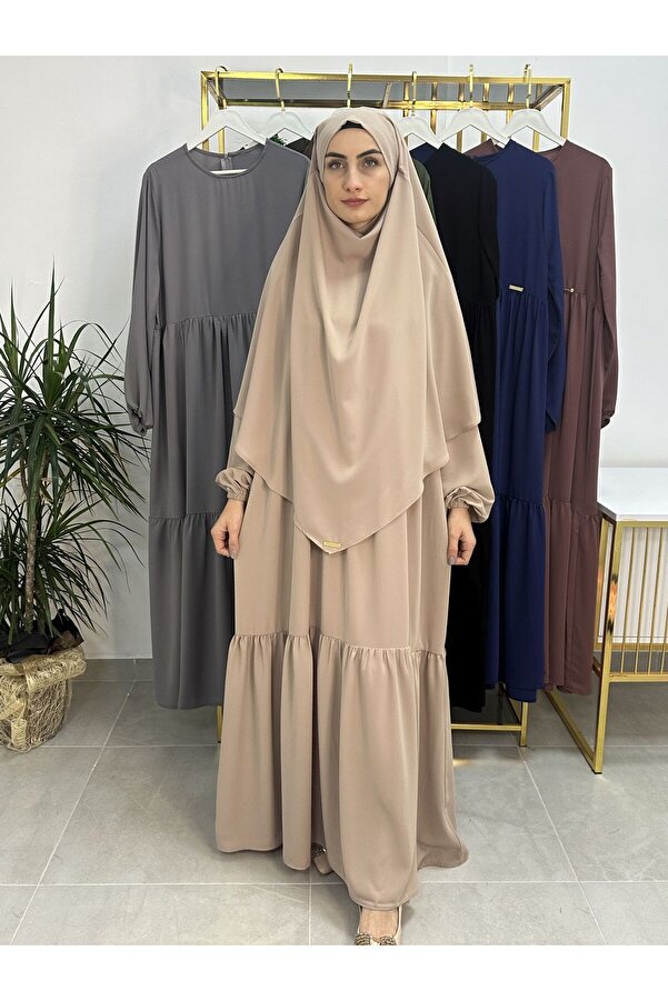 erasra class Sufle Beige Ferace and Abaya Two Layers Gathered