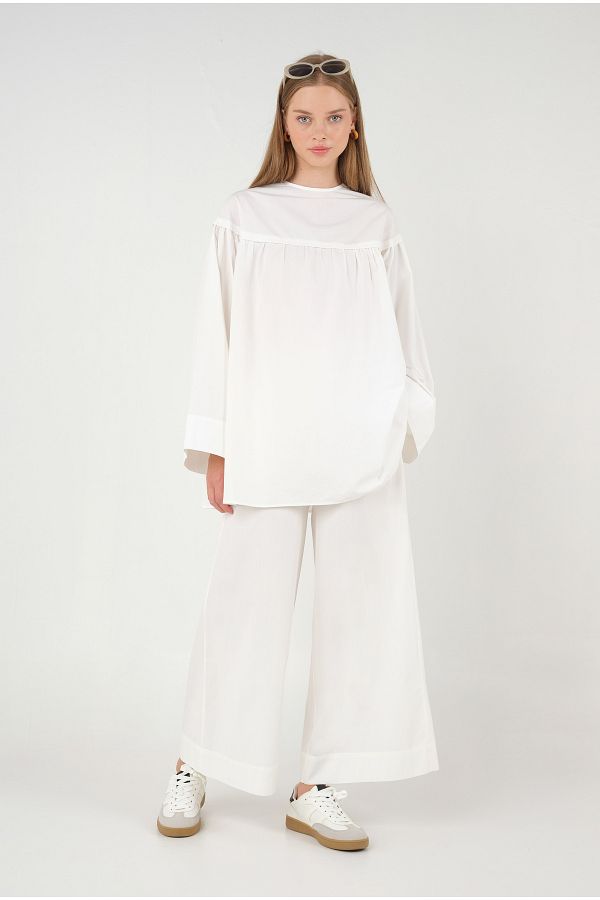 HEQA-White Poplin Tunic - Gathered 1