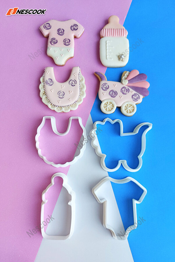nescook 4'lü Baby Shower Zıbını Yakalık Önlüğü Arabası Biberon Tulumu Bebek Kurabiye Kalıbı Boy Girl