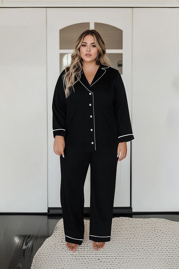 Edit by Trendyol-Schwarzes Strick-Pyjama-Set mit Hemdkragen - TEDAW25AI00001 1