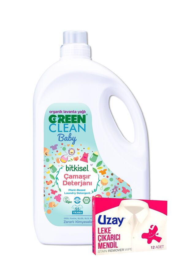 Green Clean Organik Lavanta Yağlı Baby Bitkisel Çamaşır Deterjanı 2750 ml ve Uzay Leke Çıkarıcı Mendil 12'li