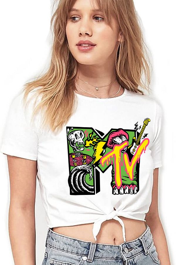 ROCKANDROLL-Women's White Meteve Cut-Out Crop Top Tied T-shirt 1