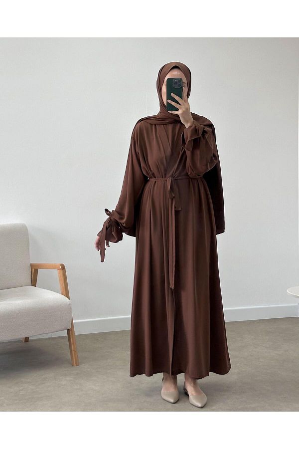 CHUL-Coffee Color Abaya Set with Drawstring Sleeves 1