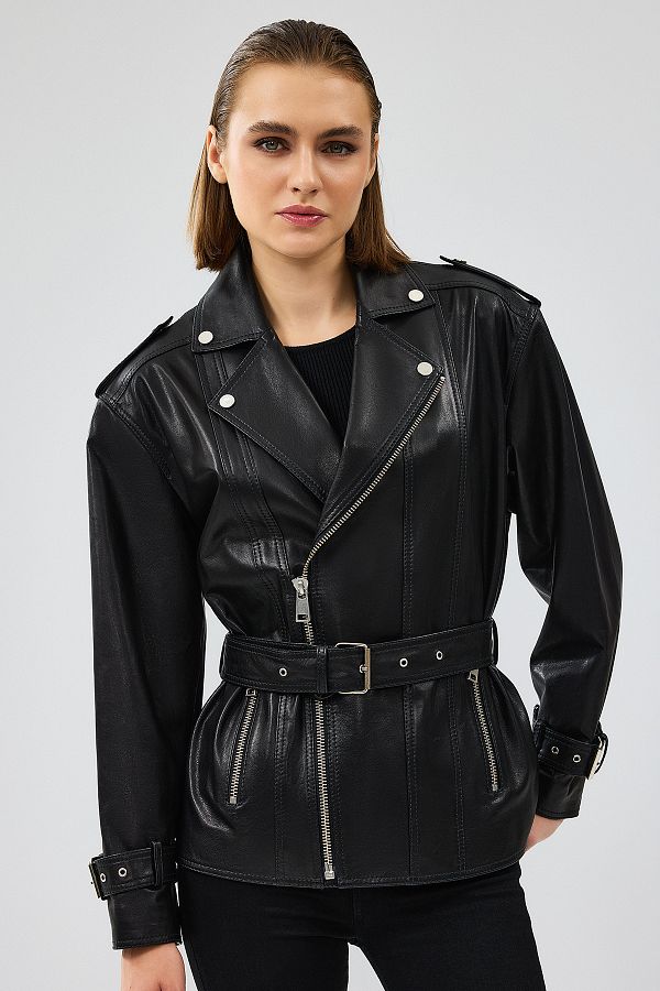 Black leather jacket with belt deals