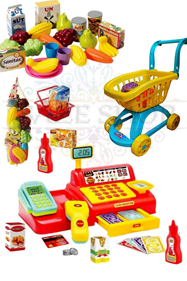 SAZE OYUNCAK YAZAR KASA SETİ 40 PARCA + MARKET ARABASI VE FİLEDE MEYVE SEBZE  21 PARCA 3 LÜ OYUN SETİ