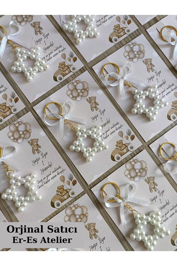 ErEs Atelier 15 Adet Doğum Günü Hediyelik-Mevlid Hediyesi- Yenidoğan Hediyelik İnci Yıldız Anahtarlık