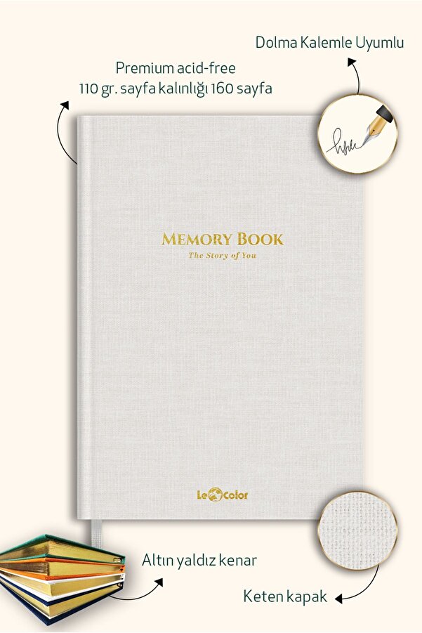 Le Color Keten Hatıra Defteri Dolma Kalem Uyumlu Altın Kenarlı Albüm Beyaz