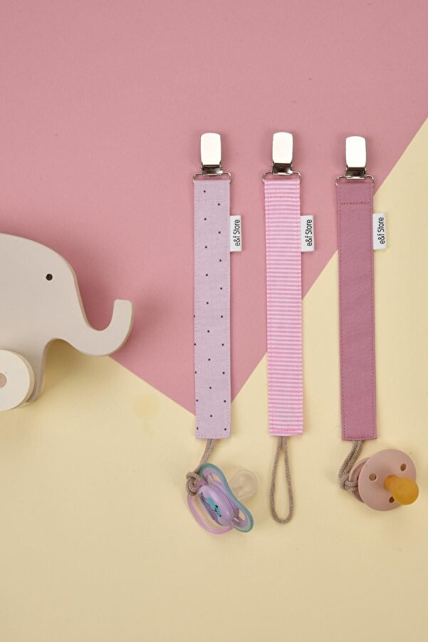 e&f Store Sertifikalı Pamuklu Emzik Askısı - 3'lü Set - Puantiye Çizgili, Gül Kurusu - Kız Bebek Emzik Zinciri