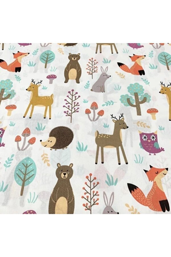 Bebek Özel Yarım Metre %100 Pamuklu Poplin Kumaş Doğa Sevimli Orman Desenli 50x240 cm