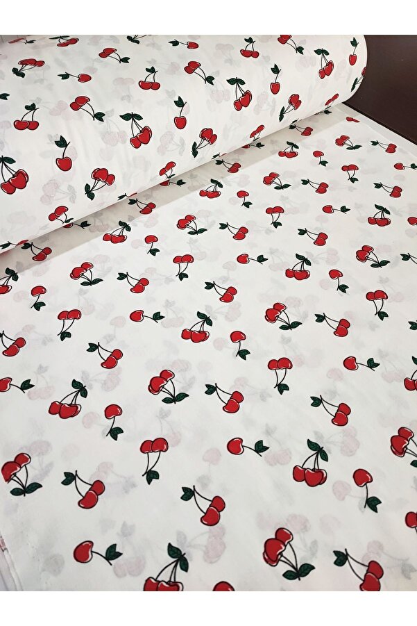 Bebek Özel Yarım Metre %100 Pamuklu Poplin Kumaş Kiraz Desenli Desenli 50x240 cm