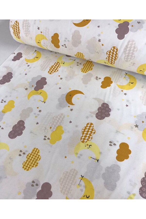 Bebek Özel Yarım Metre Pamuklu Kumaş Beyaz Zemin Ay Bulut Desenli 50x240 cm