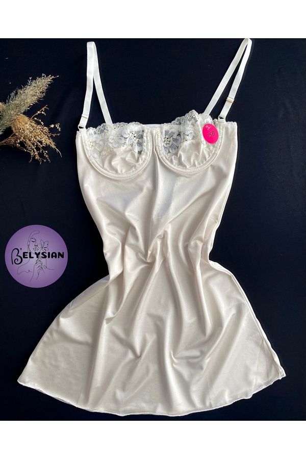 love secret-Lace Detailed Underwire Straps Satin Nightgown Off White 1