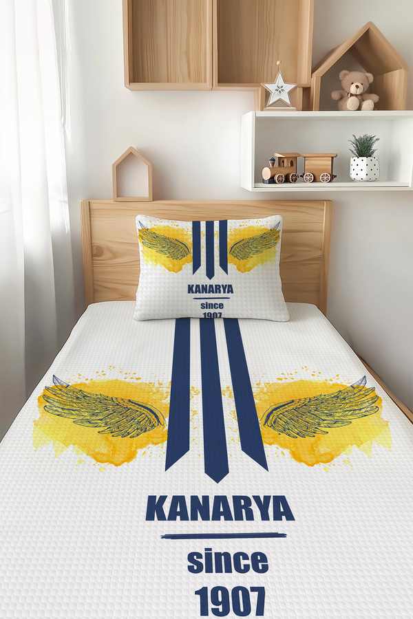 Talia Home Sarı Lacivert Kanarya Desenli Tek Kişilik Çocuk Pike Takımı TLAP-165