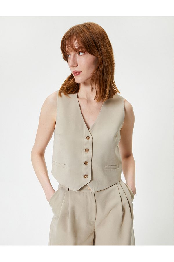 Koton-Blazer Vest V Neck Buttoned Fleto Pocket 1