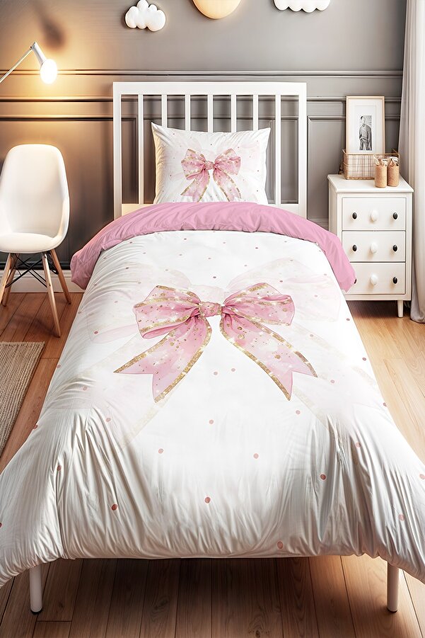 Evpanya Pembe Simli Puantiyeli Fiyonk Desenli Tek Kişilik Bebek Çocuk Nevresim Seti