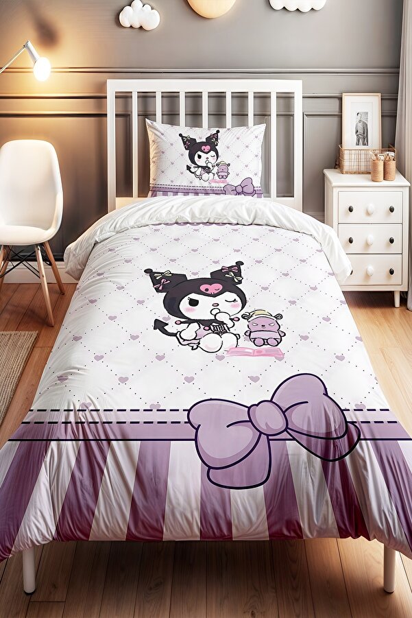 Evpanya Mor Fiyonklu Uykucu Kuromi Desenli Tek Kişilik Bebek Çocuk Nevresim Seti