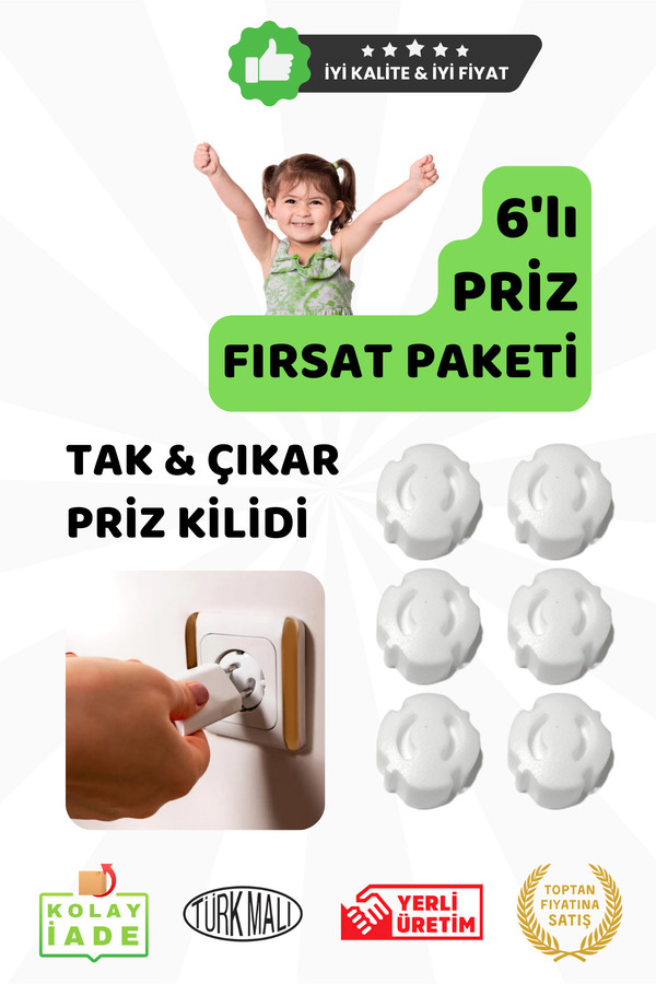 Güvenli Adımlar Bebek ve Çocuklar için 6'lı Priz Kilidi, Tak & Çıkar, Fırsat Paketi