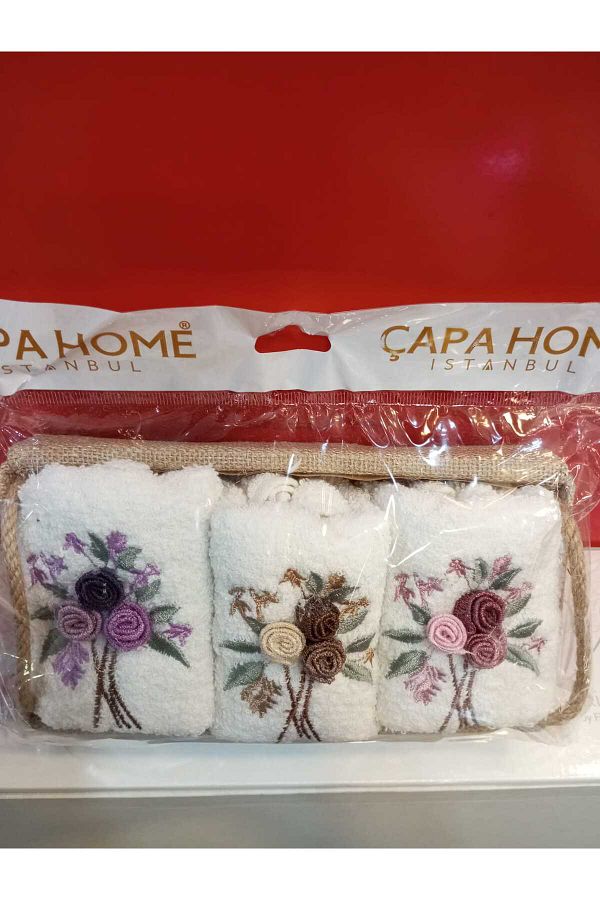 Çapa Home-Daily Use Set of 3 Cotton Towels 30 x 50 cm with Detail on Straw Basket 1