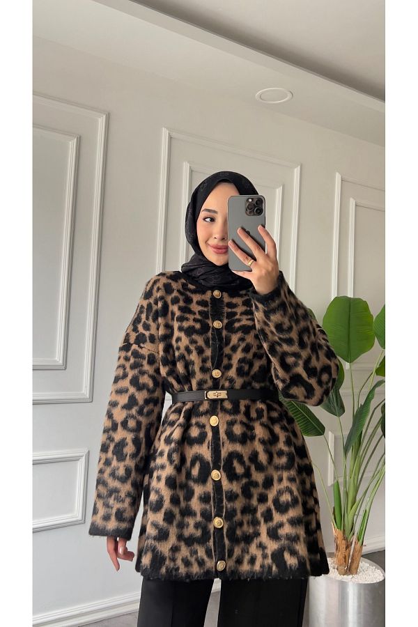 Jose Clothing-Cardigan lung de tricotaje cu model leopard de nișă pentru femei 1