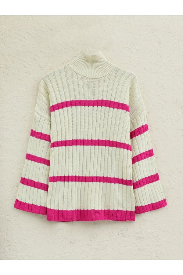 Modamorfo-Ecru gestreifter Strickpullover mit lockeren Ärmeln 1