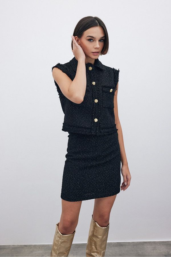 Sateen-Black Glitter Mini Tweed Skirt 1