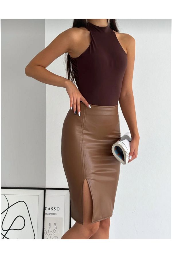 Lion Collection Tan Faux Leather Slit Midi Pencil Skirt Trendyol