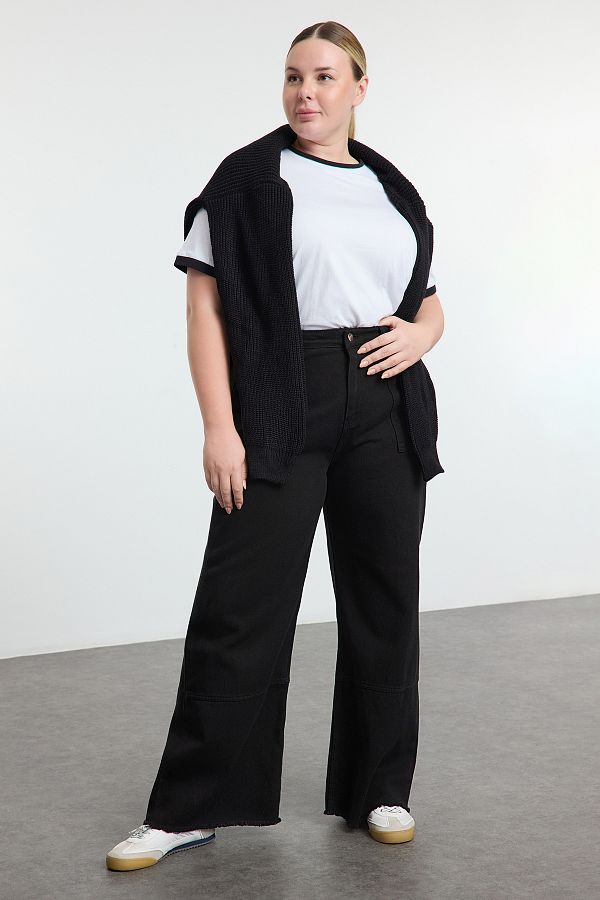 Trendyol Curve-Schwarze Jeans mit hoher Taille und weitem Bein, große Größe TBBAW25CJ00001 1