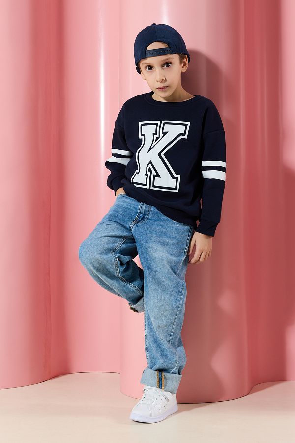 TRENDYOLKIDS Boys School Sweatshirt Navy 001 Printed Cotton Tkdaw25Sw00014 Trendyol