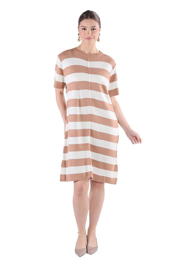 Rays-24102 Model Camel Rochie cu maneca scurta in dungi 1