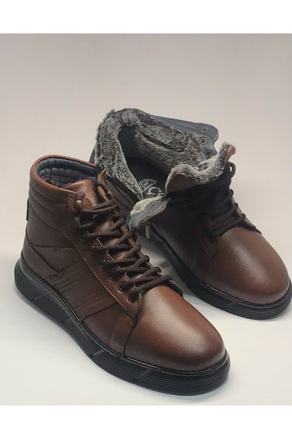 Çobanoğlu-Genuine Leather Cold-Proof Furry Winter Tan Men's Boots Rubber Orthopedic Sole 1