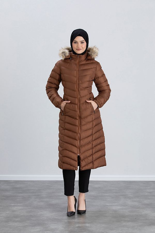 Space Fashion Women s Long Tan Puffer Coat Trendyol