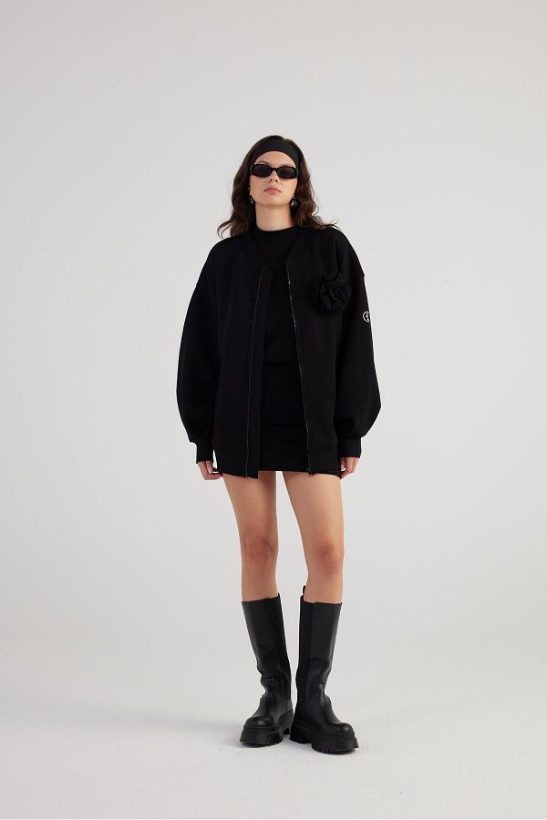 HOLLY LOLLY Black Alexa Bomber Jacket Detachable Rose Detail and Lining Trendyol