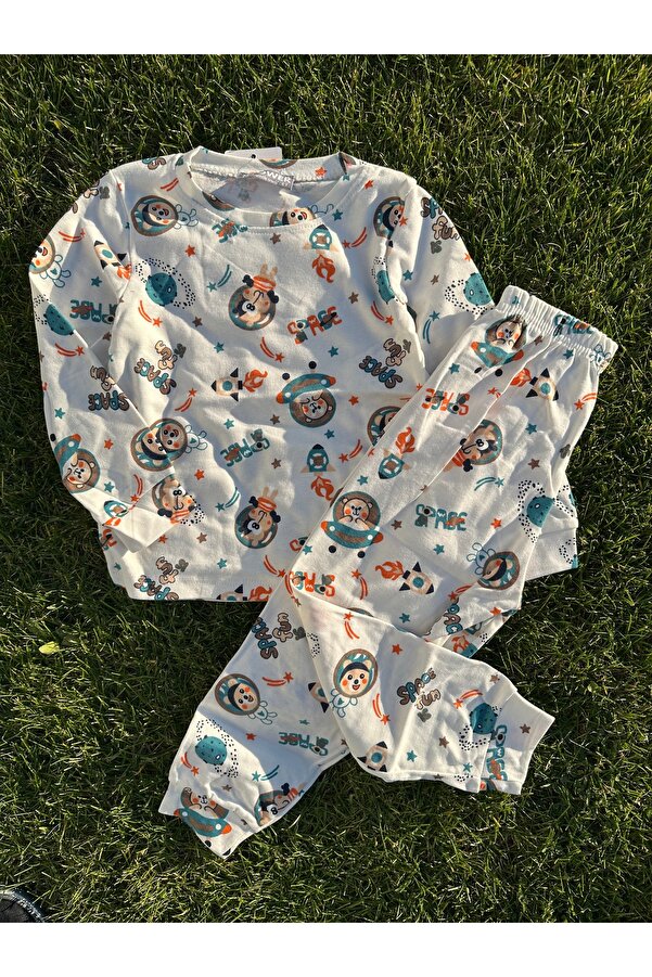 SANTRALBEBE Erkek Çocuk Pamuklu 4-8 Yaş Pijama Takımı BeyazMavi
