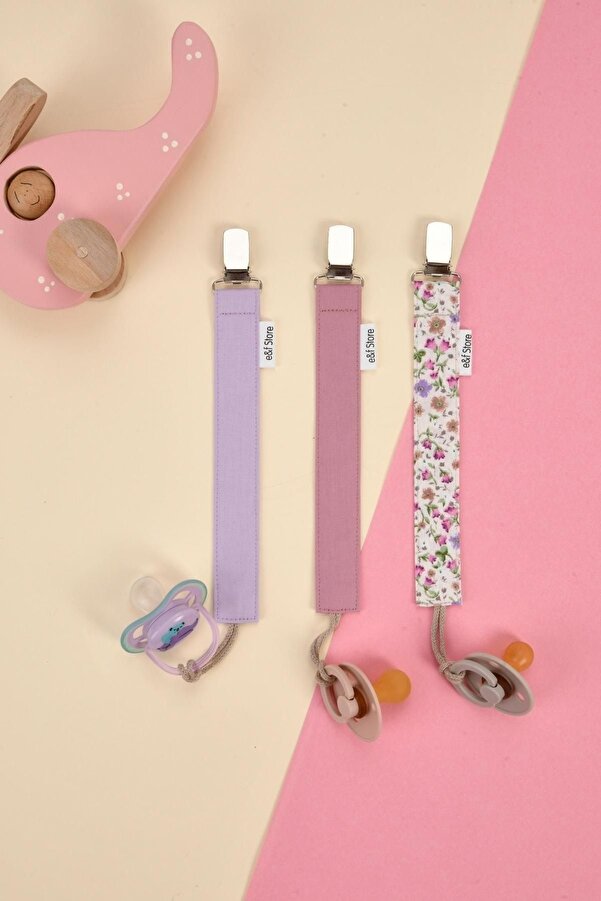 e&f Store Sertifikalı Pamuklu Emzik Askısı - 3'lü Set - Lila, Gül Kurusu, Çiçekli - Kız Bebek Emzik Zinciri