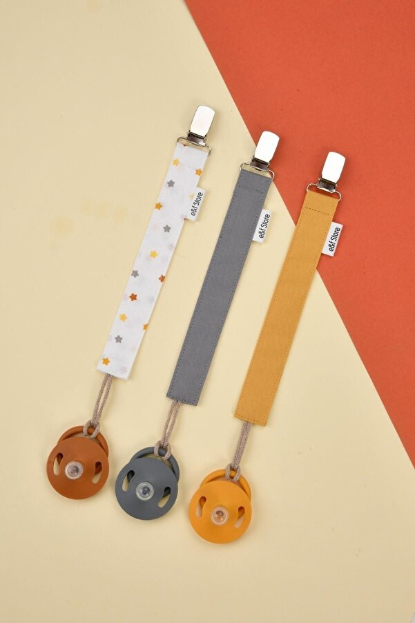 e&f Store Sertifikalı Pamuklu Emzik Askısı - 3'lü Set - Yıldızlı, Gri, Hardal Sarısı - Bebek Emzik Zinciri
