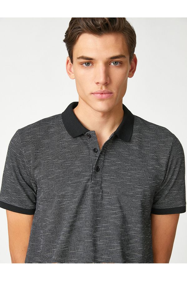 Koton-Polo Neck T-Shirt Geometric Printed Buttoned Short Sleeve Slim Fit 1