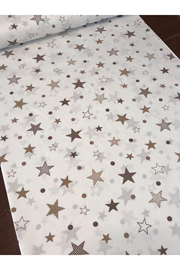 Bebek Özel Yarım Metre Pamuklu Kumaş Kahverengi Yıldızlı Desenli 50x240 cm