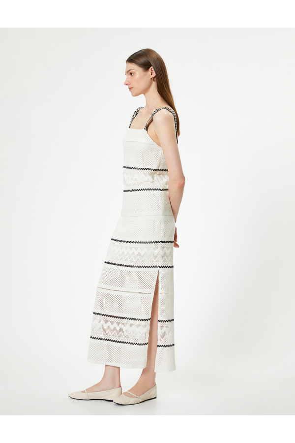 Koton Long Crochet Dress Lined Thick Straps Slit Detail Color-Contrasting