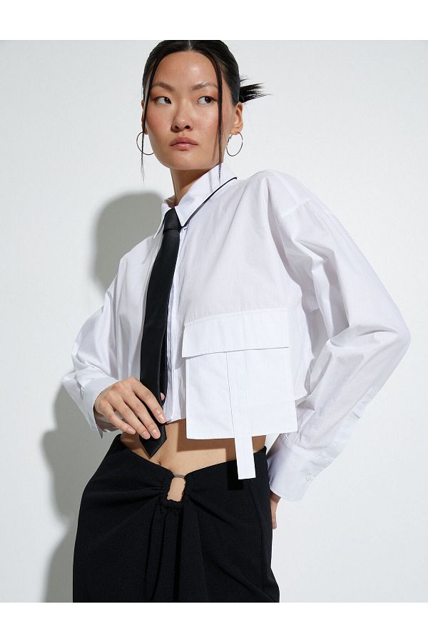 Koton-Cămașă crop din poplin, buzunar cargo, cu mânecă lungă, bumbac 1