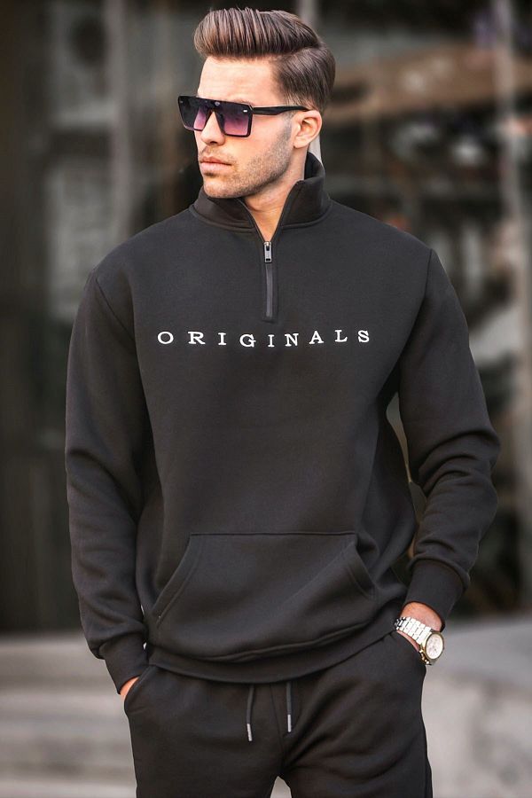 Madmext Black Embroidered Men s Sweatshirt Zipper Collar Pocket Regular Fit 6028 Trendyol