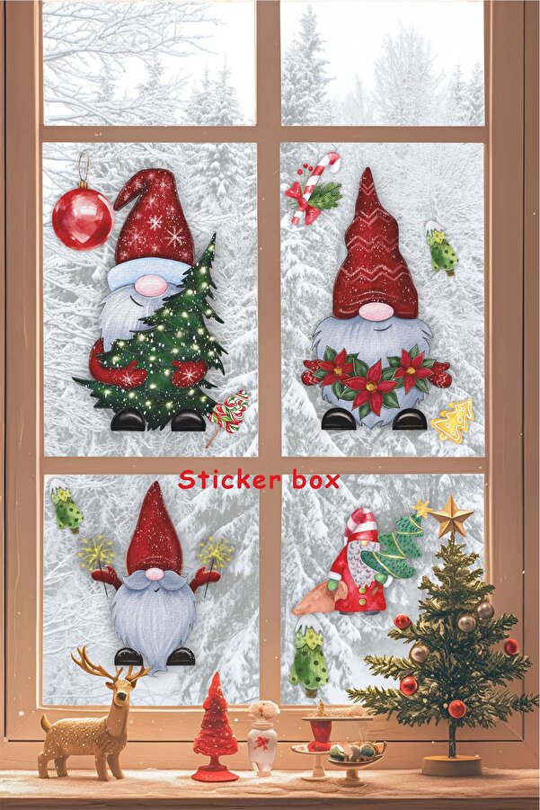 Think And Print Yılbaşı Süsü Kırmızı Şapkalı Yılbaşı Cüceleri Cam Duvar Sticker Seti Yılbaşı Süsü Yılbaşı Hediye