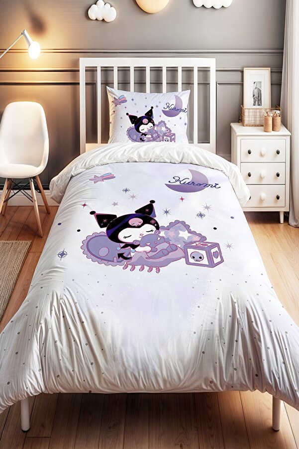 Evpanya Yıldızlar Altında Uykucu Kuromi Desenli Tek Kişilik Bebek Çocuk Nevresim Seti