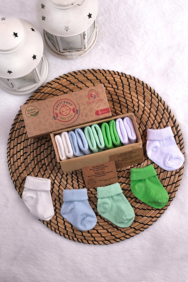 poffibaby Organik Pamuk Unisex 5'li Kutulu Premium Yenidoğan Bebek Çorabı