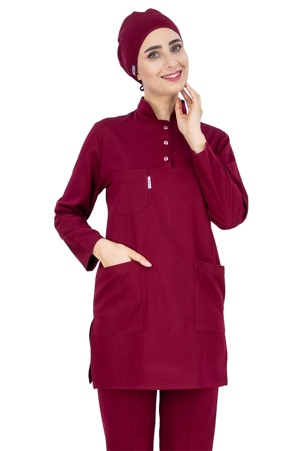 Alsancak Üniforma-Claret Red Thin Fabric Lycra Hijab Nurse Jersey And Hijab Doctor Jersey Set 1