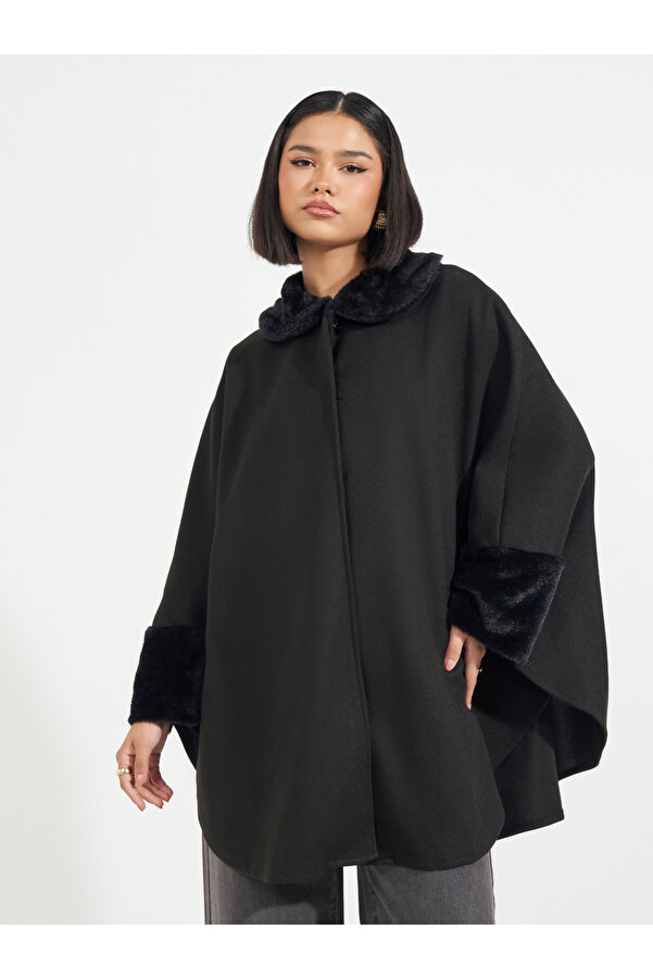 Styli Oversized Longline Faux Fur Trim Wool Like Cape Coat- Trendyol