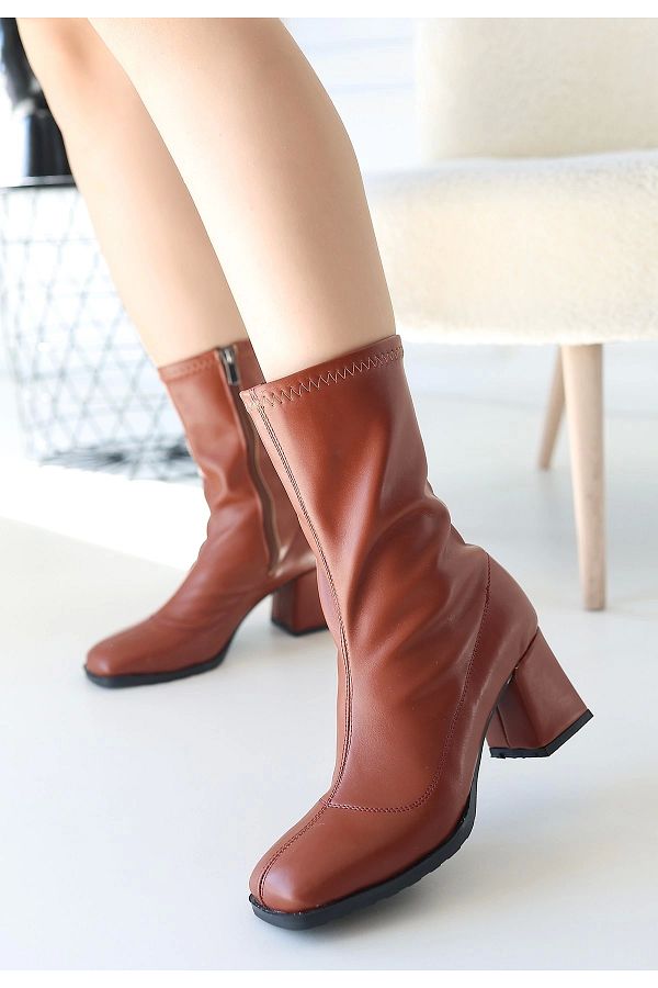 TUFEYO Birtani Tan Leather Stretch Heeled Boots Trendyol