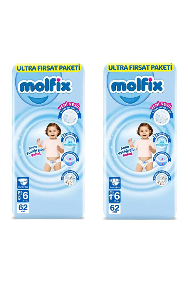 Molfix Bebek Bezi Ultra Fırsat Paketi 6 Numara 62 Adet X 2 Paket
