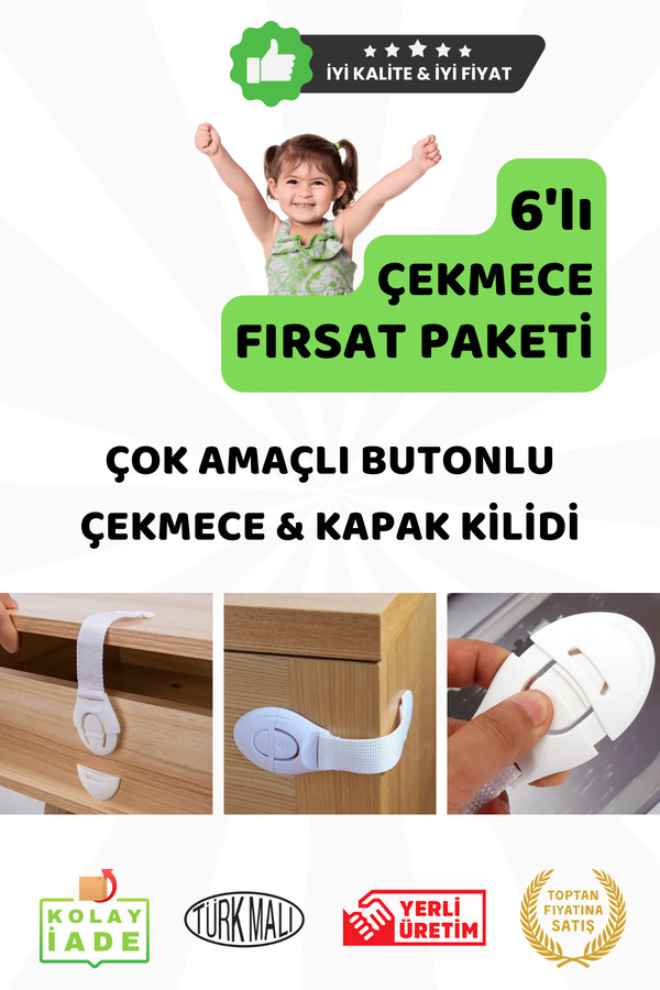 Güvenli Adımlar Bebek ve Çocuklar için 6'lı Çekmece & Kapak Kilidi, Çok Amaçlı, Butonlu