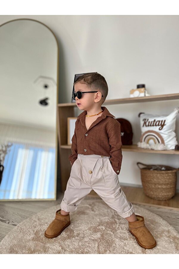 favorimkids Kahve Keten Gömlek Pamuklu Pantalon Alt Üst Takım